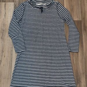 Talbots Blue and White Sheath Dress with Long Sleeves and Crew Neck